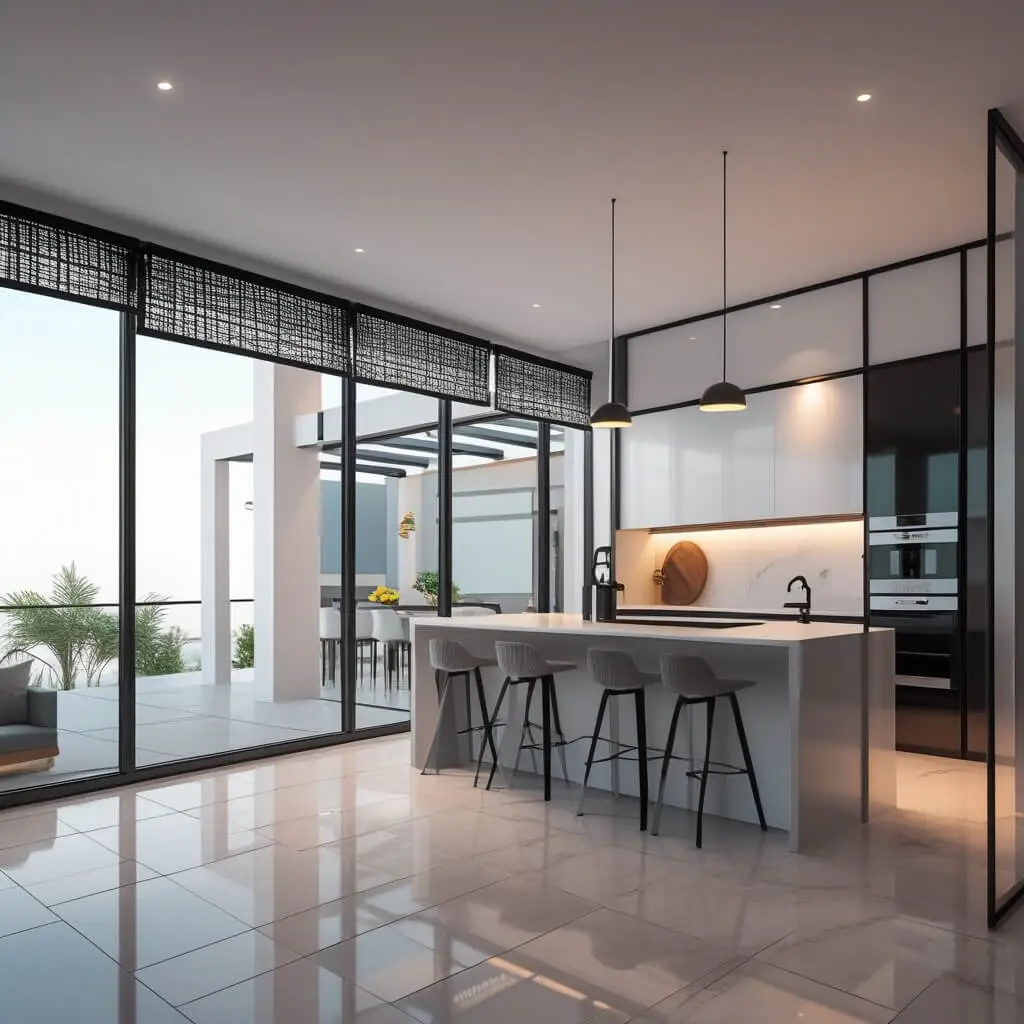 black and white roller blinds in Dubai kitchen