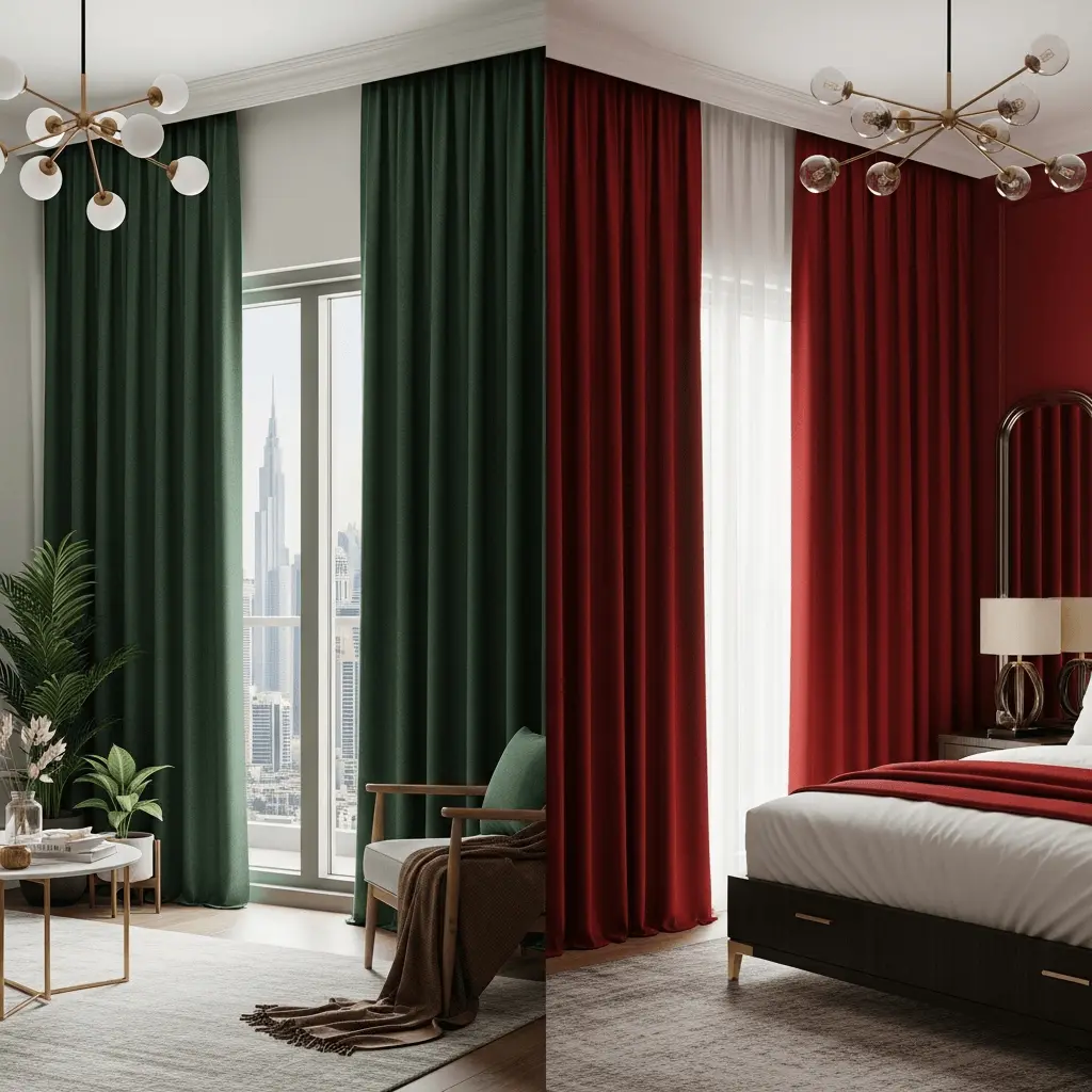 blackout curtains in red forest green color winter holiday season in Dubai